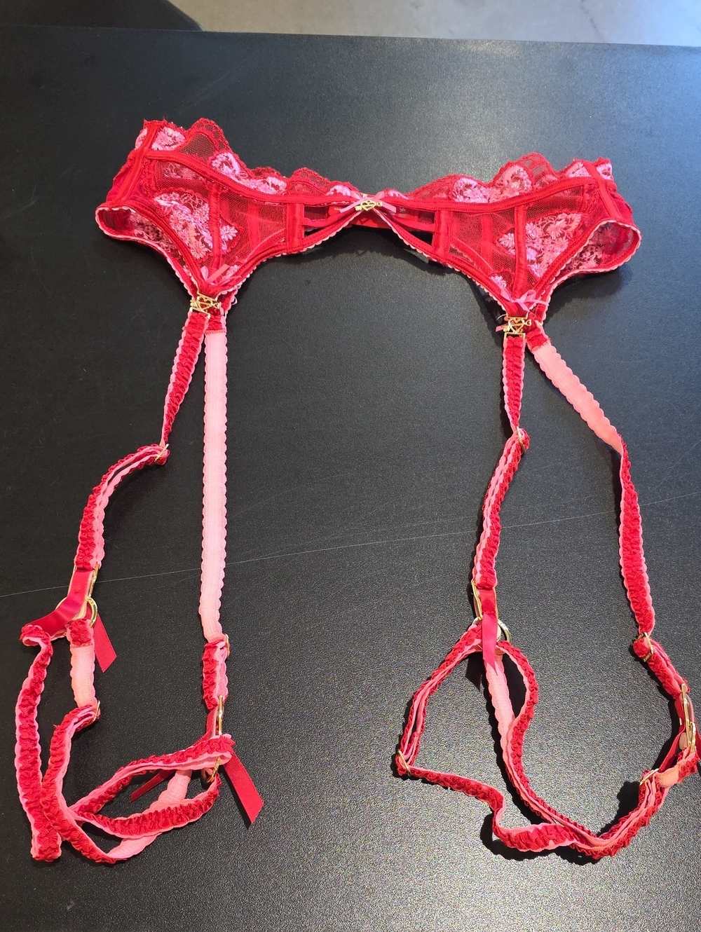 Red Lace Garter Harness with Gold Accents